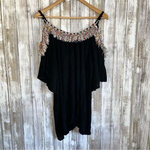 Velzera Open Shoulder Colorful Fringe Top Blouse